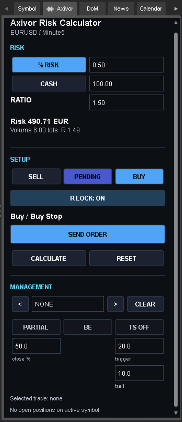 Close view of the Axivor Risk Calculator cTrader interface showing percentage and cash risk, ratio, order setup, R Lock and management controls