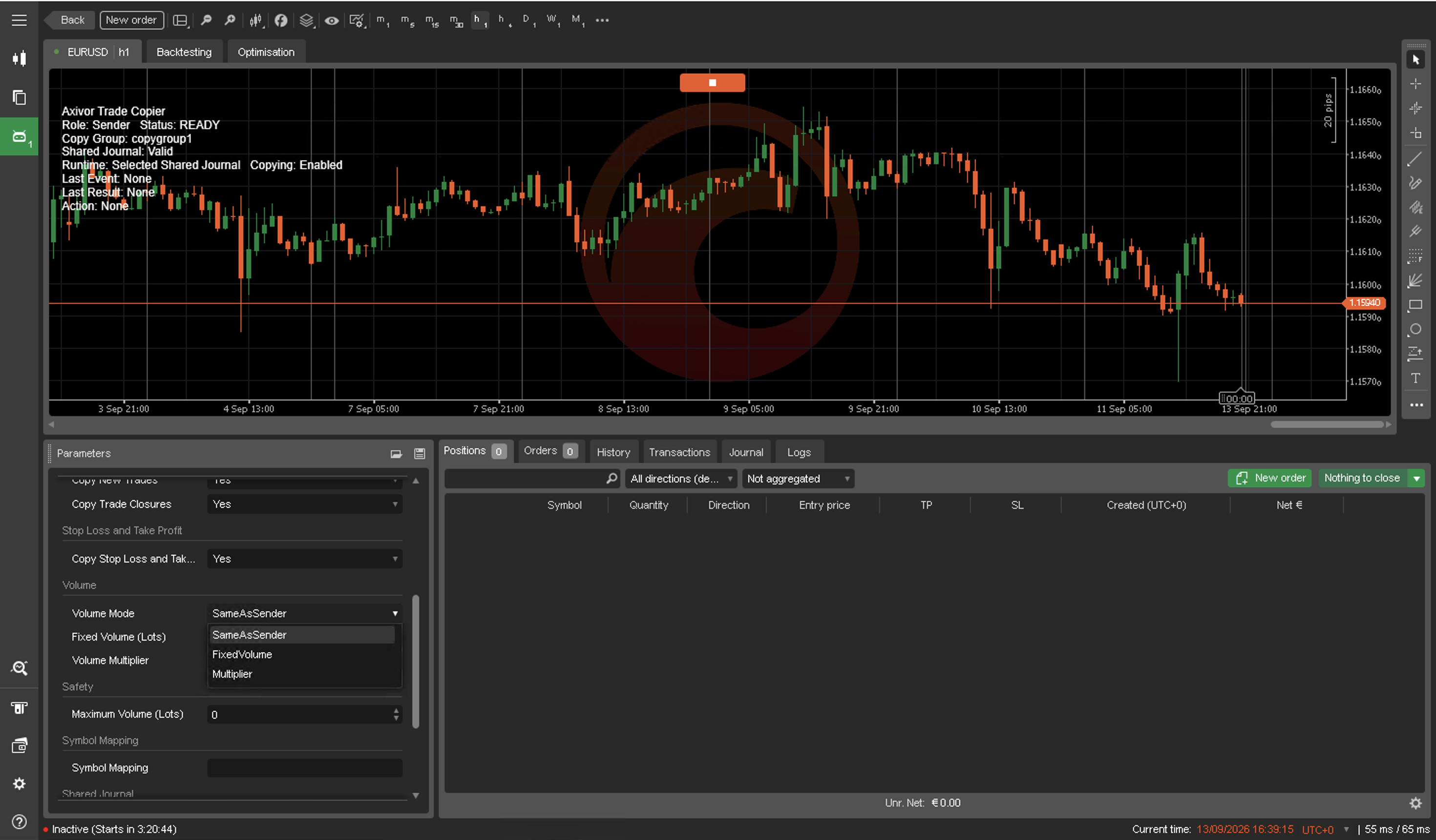 Axivor Trade Copier Receiver settings showing Same as Sender, Fixed Volume and Multiplier modes