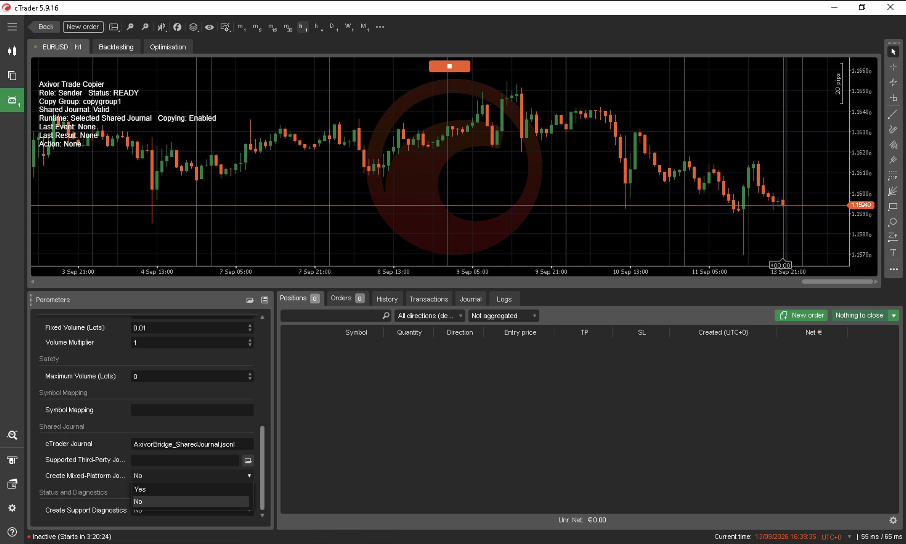 Axivor Trade Copier running in cTrader Desktop for a documented mixed-platform workflow