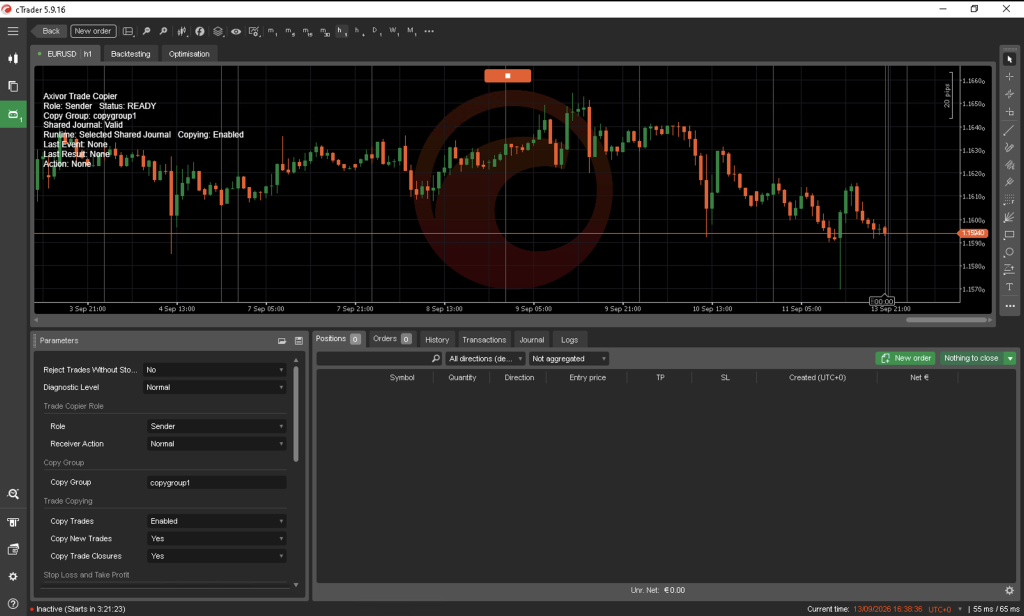 Axivor Trade Copier running in cTrader Desktop with READY status